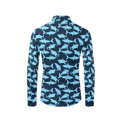Shark Long Sleeve Men Button Up Shirt, Marine Animal Print Unique Buttoned Down Collar Business Casual Dress Shirt Male with Chest Pocket