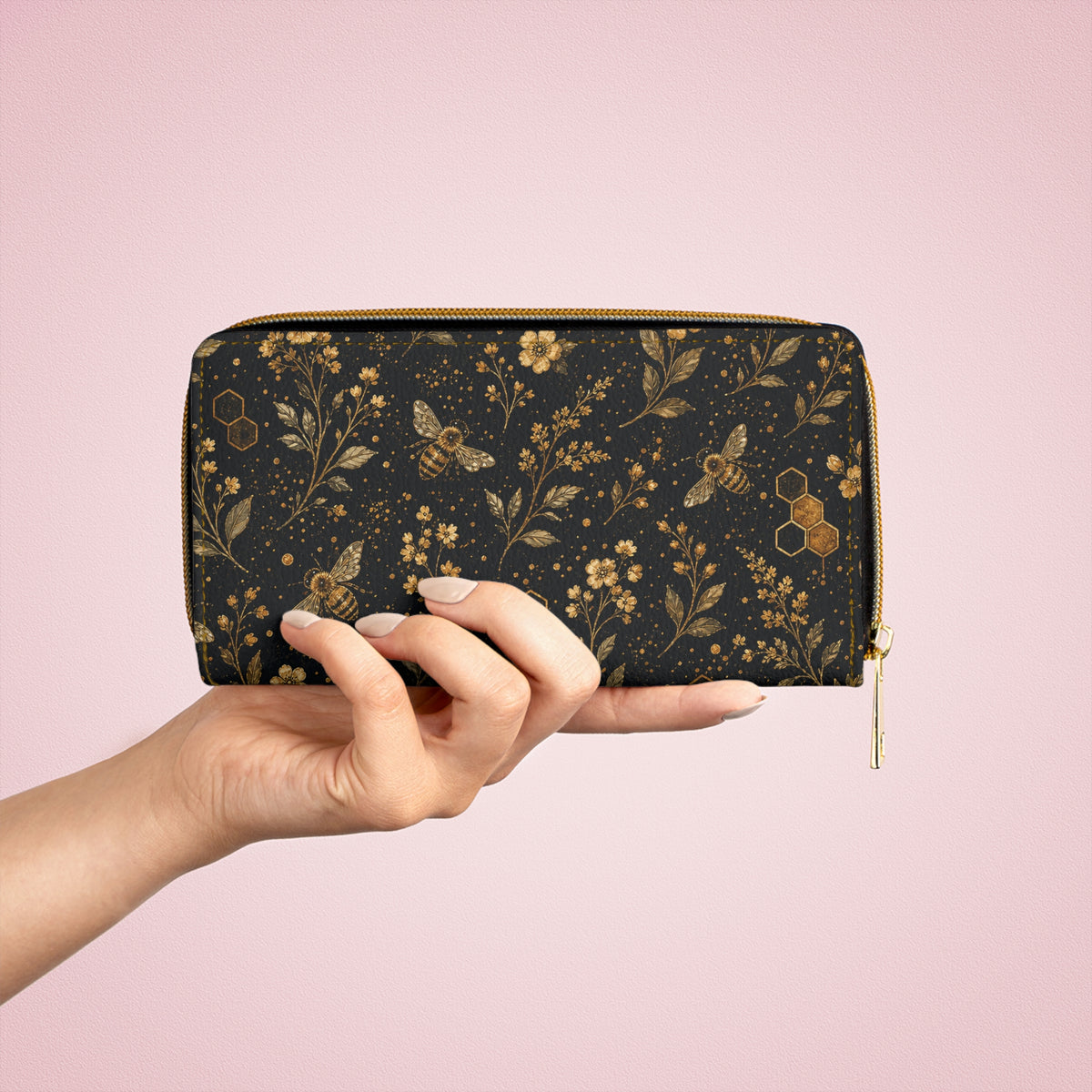 Bee Floral Leather Wallet Women, Honeycomb Flowers Vegan Zipper Zip Around Coins Credit Cards Pocket Cash Ladies Female Pouch Slim Purse