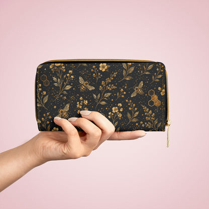 Bee Floral Leather Wallet Women, Honeycomb Flowers Vegan Zipper Zip Around Coins Credit Cards Pocket Cash Ladies Female Pouch Slim Purse