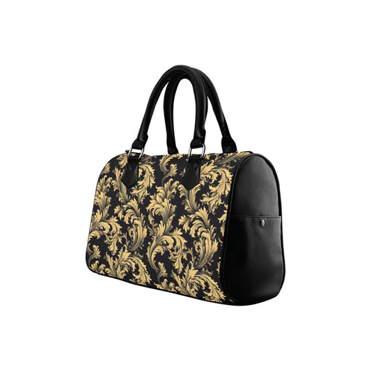 Baroque Handbag, Luxury Vintage Gold Black Abstract Print Canvas and Leather Top Handle Barrel Boston Designer Women Ladies Purse Bag