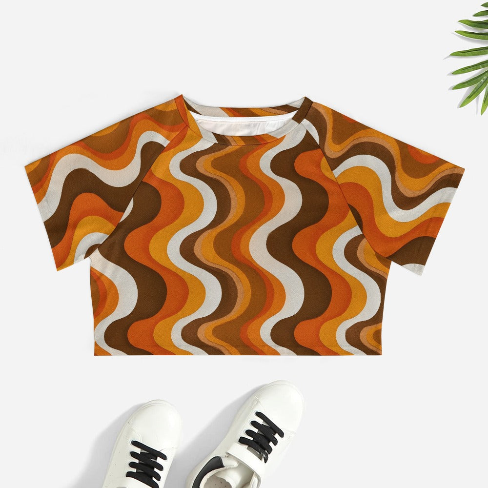 Retro Wavy Stripes Crop Top Tshirt, Brown Orange 70s Belly Tee Women Ladies Adult Cute Aesthetic Graphic Crewneck Festival Y2K Cropped Shirt