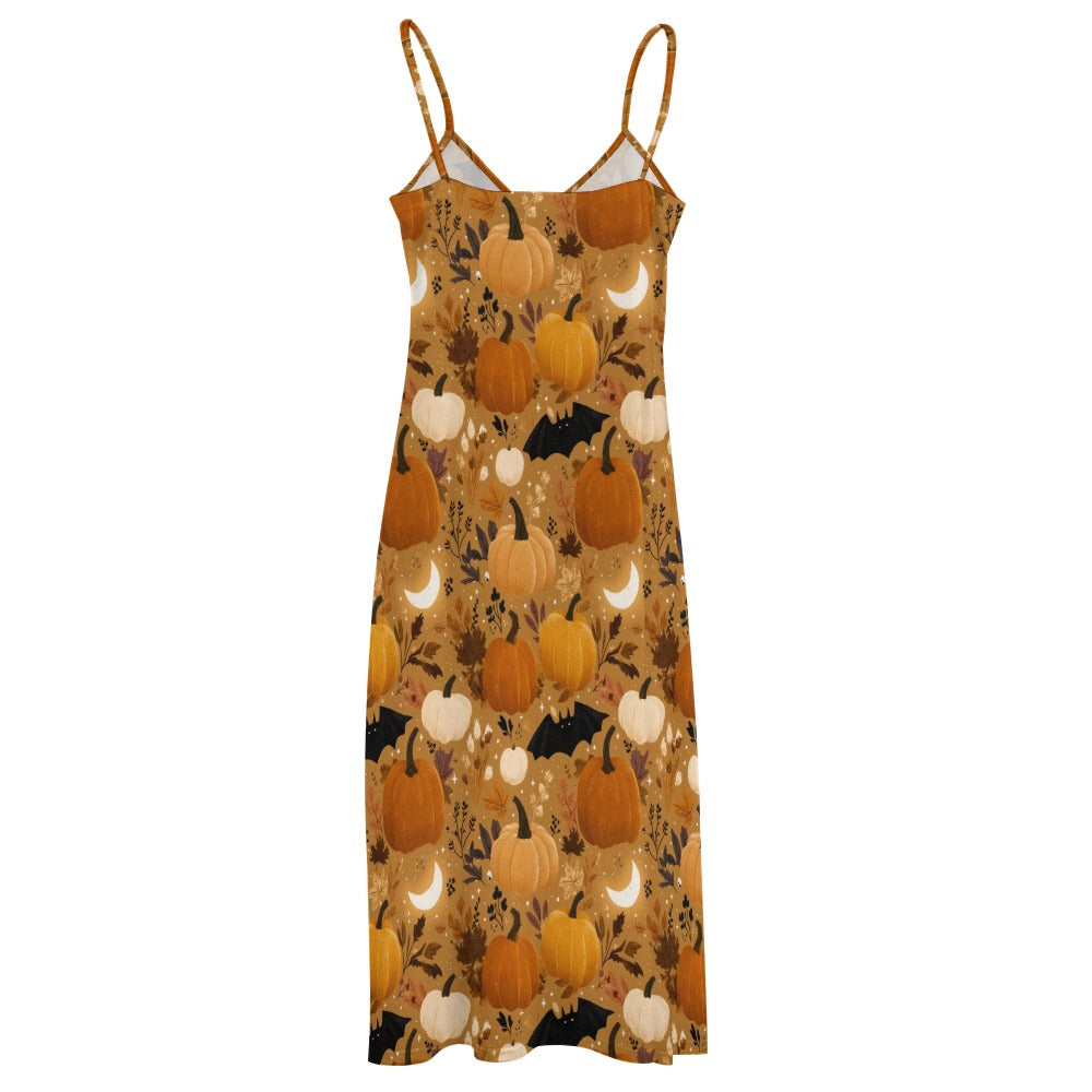 Pumpkins Half Moon Maxi Dress, Orange Witch Fall Halloween Bats Long Spaghetti Straps Flowy Women Sleeveless Designer Plus Size Cocktail