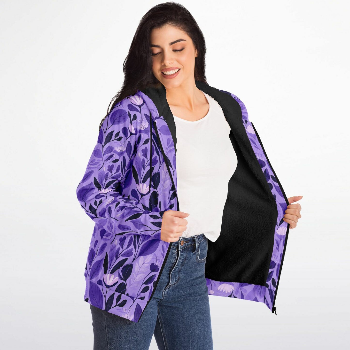 Purple Floral Zip Up Fleece Lined Hoodie, Flowers Heavyweight Full Zipper Pocket Men Women Unisex Aesthetic Graphic Hooded Sweatshirt Jacket