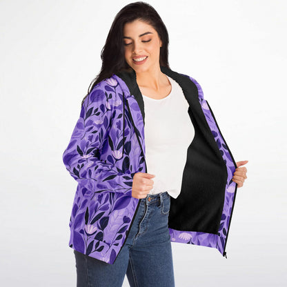 Purple Floral Zip Up Fleece Lined Hoodie, Flowers Heavyweight Full Zipper Pocket Men Women Unisex Aesthetic Graphic Hooded Sweatshirt Jacket