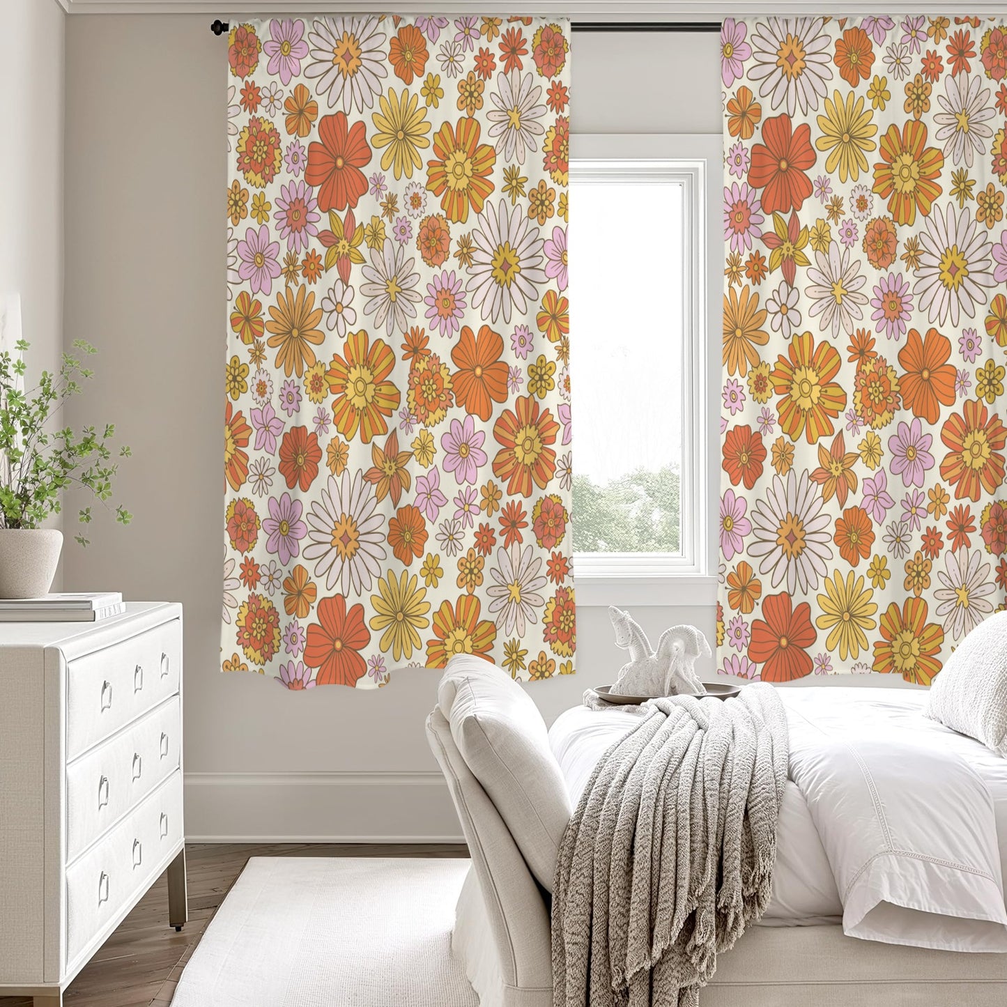 Pink Floral Window Curtain, Groovy Flowers Retro Kitchen Living Room Bedroom Bathroom Fabric Rod Pocket Decor Housewarming Home 63 Inch