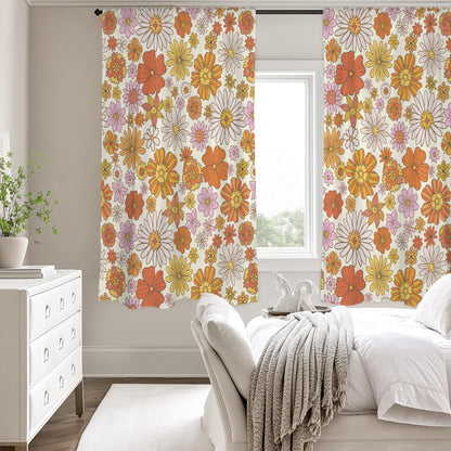 Pink Floral Window Curtain, Groovy Flowers Retro Kitchen Living Room Bedroom Bathroom Fabric Rod Pocket Decor Housewarming Home 63 Inch