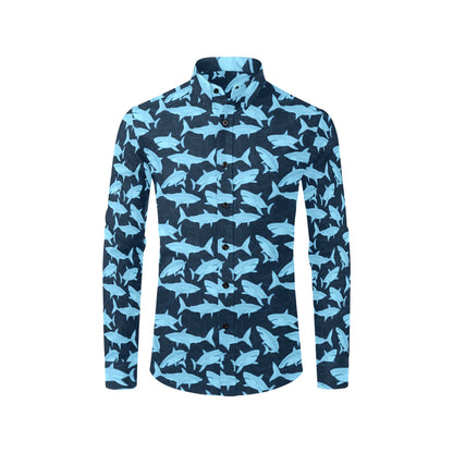 Shark Long Sleeve Men Button Up Shirt, Marine Animal Print Unique Buttoned Down Collar Business Casual Dress Shirt Male with Chest Pocket