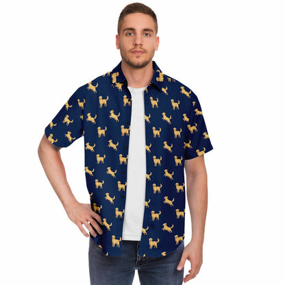 Golden Retriever Men Button Up Shirt, Dog Animal Navy Short Sleeve Print Casual Buttoned Down Summer Male Guys Collared Designer Dress