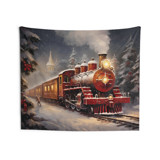 Christmas Train Express Tapestry, Xmas Trees Snow Winter Wall Art Landscape Hanging Cool Unique Aesthetic Large Small Decor Bedroom College