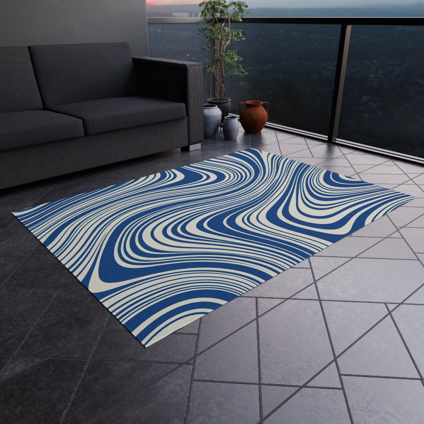 Blue Wavy Outdoor Area Rug, Geometric Modern Waterproof Patio Porch Exterior Durable Carpet Small Large 2x3 4x6 3x5 5x7 8x10 Camping Mat