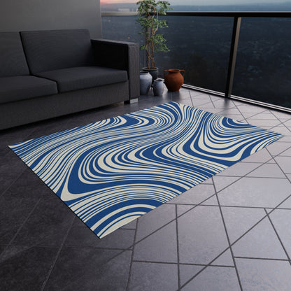 Blue Wavy Outdoor Area Rug, Geometric Modern Waterproof Patio Porch Exterior Durable Carpet Small Large 2x3 4x6 3x5 5x7 8x10 Camping Mat