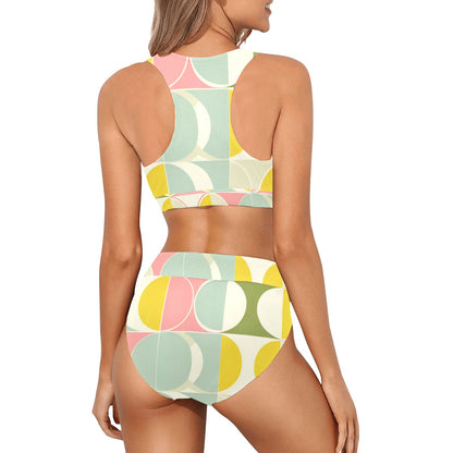 Mid Century Modern Sports Bikini Set, Yellow Retro Vintage High Waisted Cheeky Bottom Crop Halter Top Swimsuits Women Padded Festival
