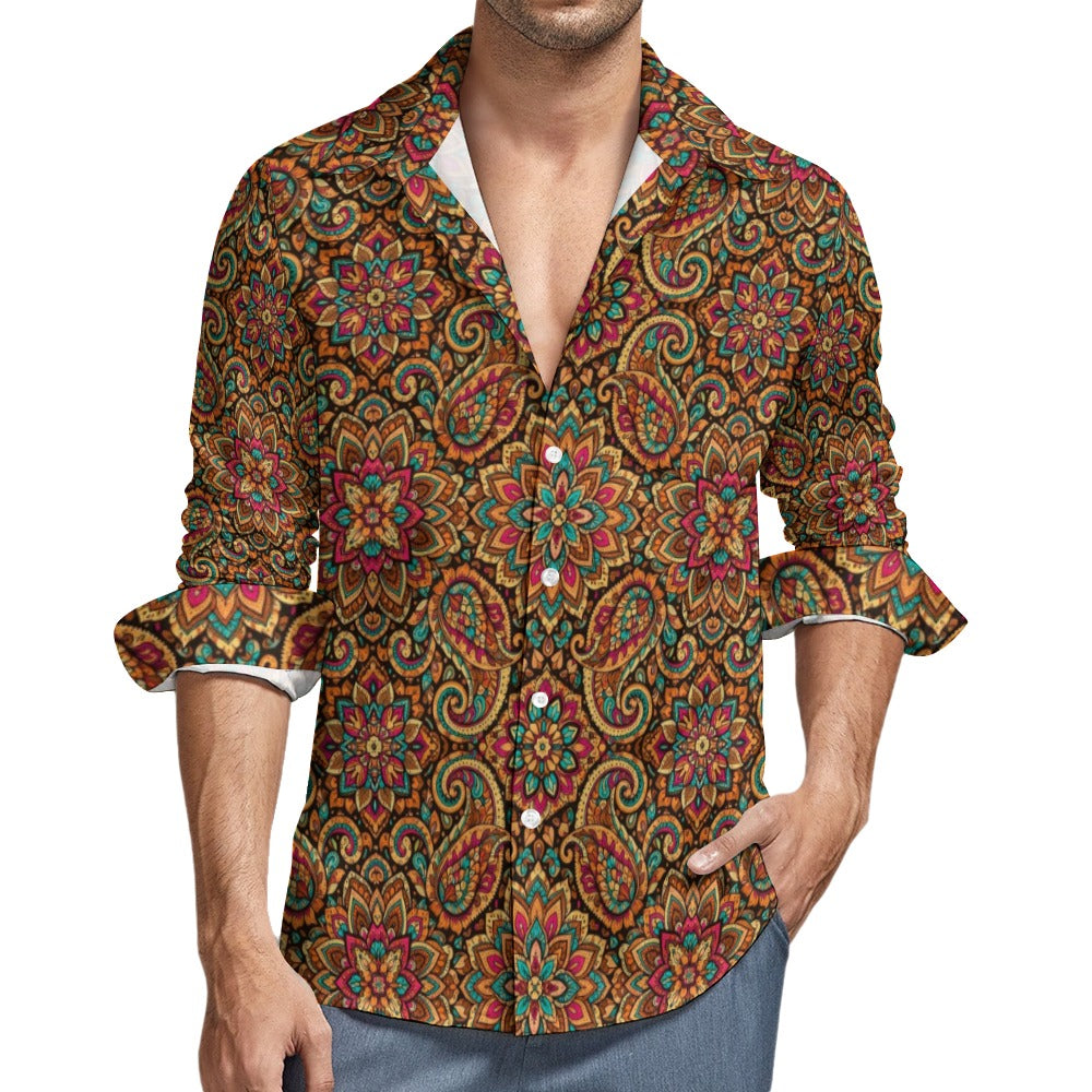 Mandala Paisley Long Sleeve Men Button Up Shirt, Retro Vintage Guys Male Print Buttoned Down Collared Casual Dress Plus Size Chest Pocket