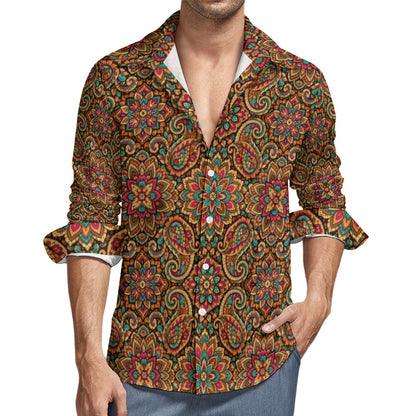 Mandala Paisley Long Sleeve Men Button Up Shirt, Retro Vintage Guys Male Print Buttoned Down Collared Casual Dress Plus Size Chest Pocket