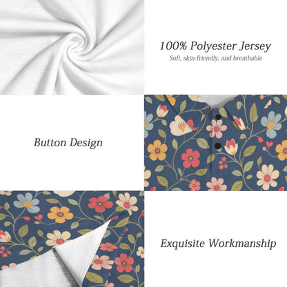 Floral Men Polo Shirt, Navy Blue Resort Flowers Botanical Guys Golf Casual Summer Buttoned Down Up Collared Short Sleeve Sports Tshirt Tee