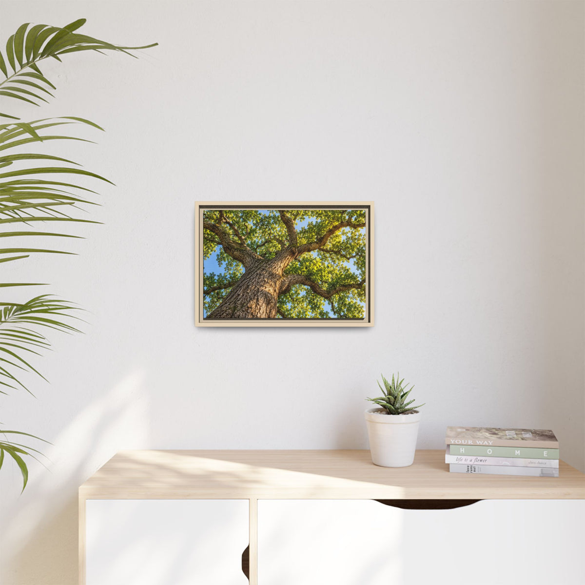 Oak Tree Canopy Canvas Wood Framed, Green Foliage Sunlit Woodland Wall Art Print Artwork Decor Small Large Hanging Matte Modern Landscape