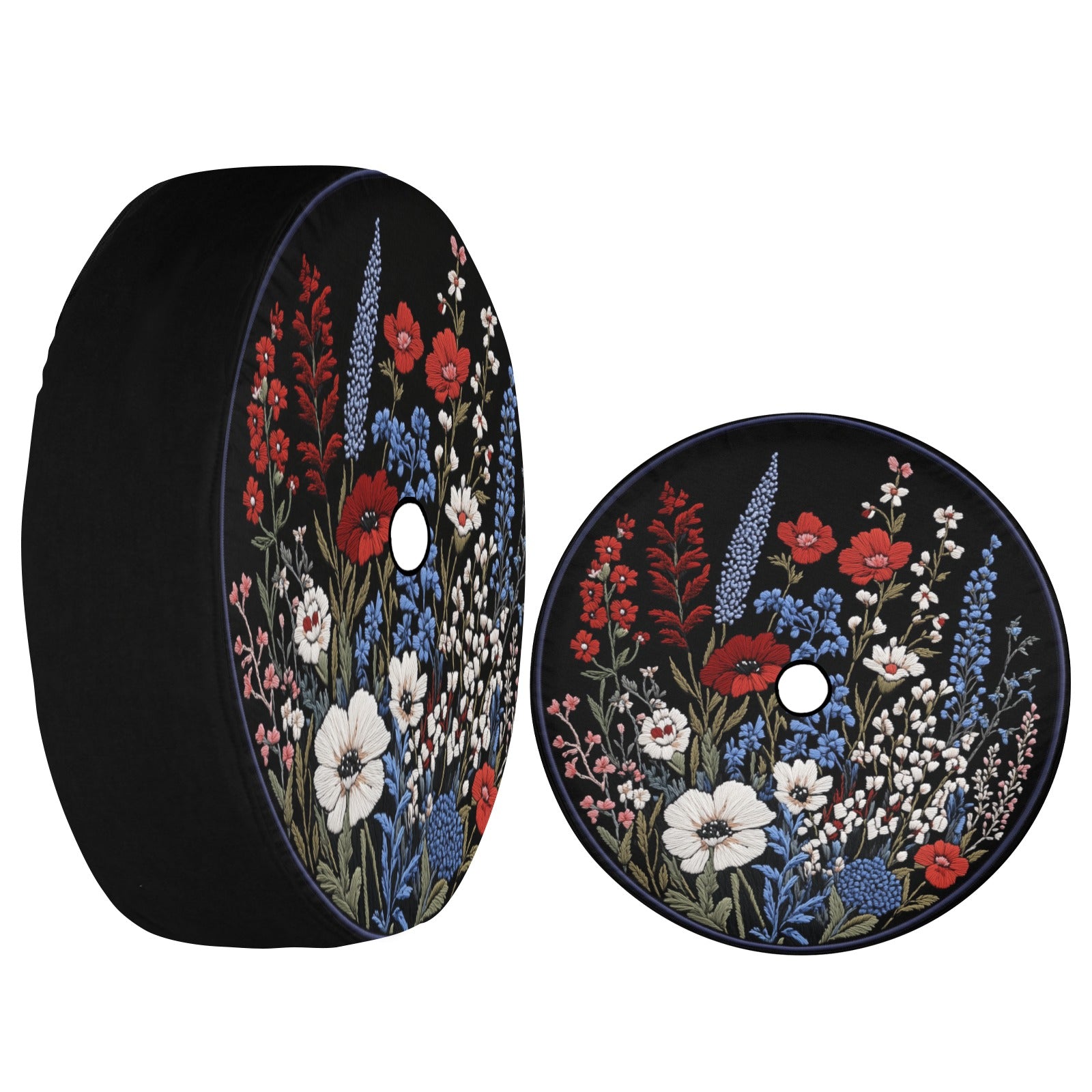 Red White Blue Flowers Spare Tire Cover, Faux Embroidery Botanical Printed Floral Wheel Unique Backup Camera Hole Trailer Back Men Women RV - Starcove Fashion