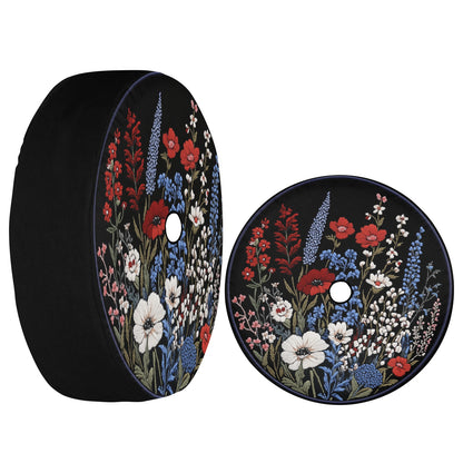 Red White Blue Flowers Spare Tire Cover, Faux Embroidery Botanical Printed Floral Wheel Unique Backup Camera Hole Trailer Back Men Women RV - Starcove Fashion