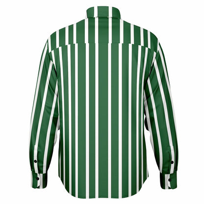 Green White Striped Long Sleeve Men Button Up Shirt, Vertical Stripes Guys Male Print Buttoned Down Collared Graphic Casual Dress Plus Size