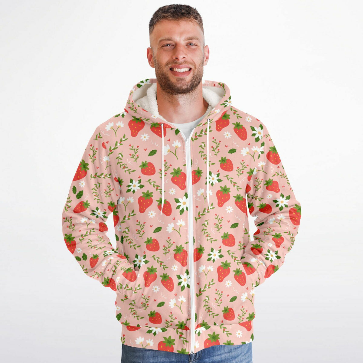 Strawberry Zip Up Fleece Lined Hoodie, Pink Floral Flowers Sherpa Heavyweight Full Zipper Men Women Unisex Graphic Hooded Sweatshirt Jacket