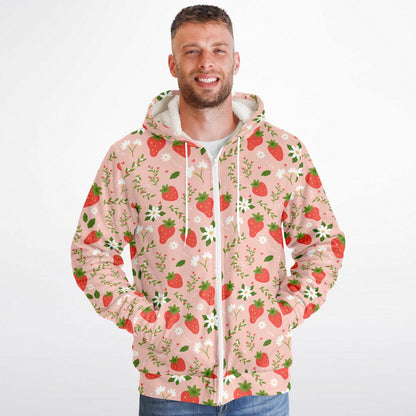 Strawberry Zip Up Fleece Lined Hoodie, Pink Floral Flowers Sherpa Heavyweight Full Zipper Men Women Unisex Graphic Hooded Sweatshirt Jacket