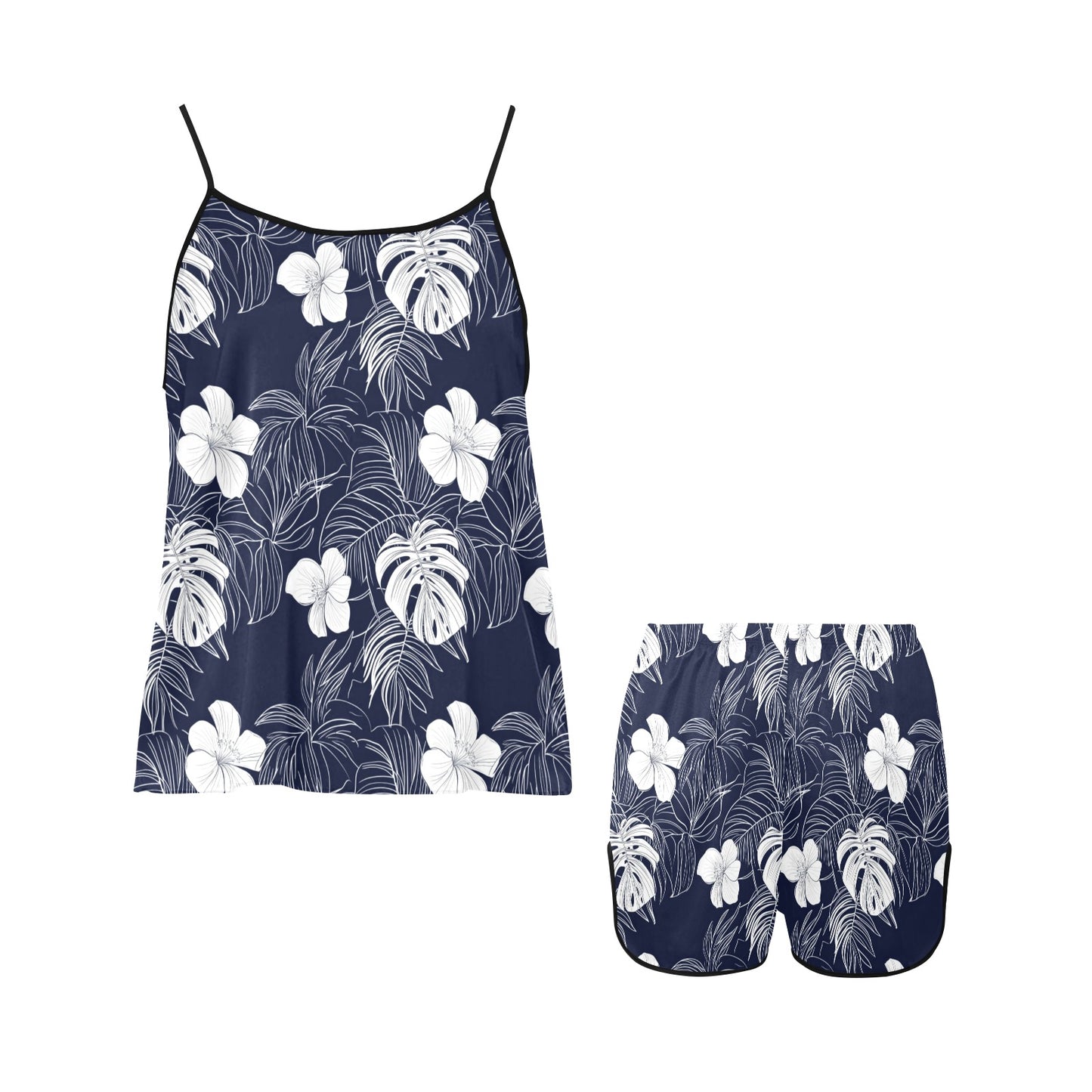 Blue White Pajamas Set, Floral Flowers Navy Women Ladies Sleepwear Short Sleeve Sleep Shirt Shorts Night Wear Plus Size Summer Designer PJs
