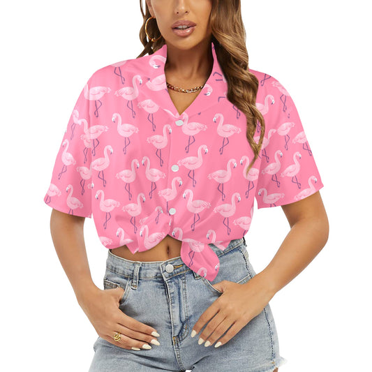 Pink Flamingo Women Hawaiian shirt, Tropical Print Vintage Retro Hawaii Button Up Down Plus Size Ladies Aloha Blouse - Starcove Fashion