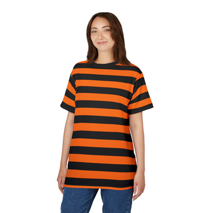 Orange Black Striped Tshirt, Stripe Designer Graphic Aesthetic Lightweight Heavyweight Crewneck Men Women Tee Top Short Sleeve Shirt