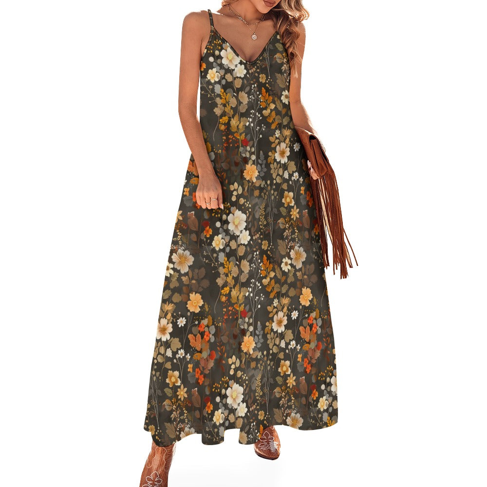 Floral Maxi Dress, Fall Brown Autumn Long Flowers Spaghetti Straps Wom – Starcove Fashion