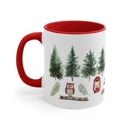 Camping Red Coffee Mug, Tent Pine Trees Camp Fire Nature Owl Watercolor Art White Ceramic Cup Tea Hot Chocolate Lover Unique Cool Gift