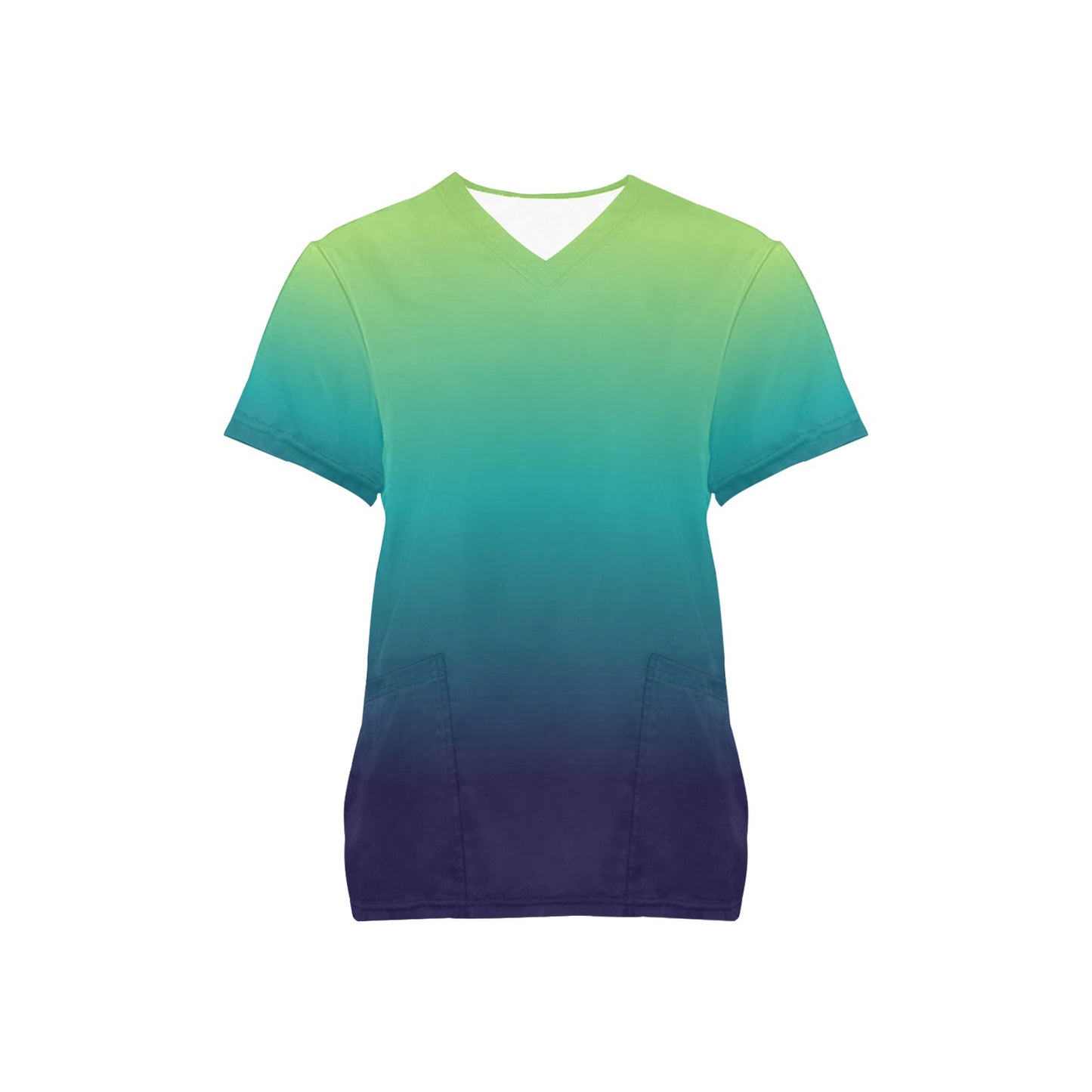 Blue Green Ombre Medical Scrubs Top Women, Gradient Tie Dye Ladies Female Plus Size Nursing Nurse Vet Veterinary Assistant Uniform Pockets