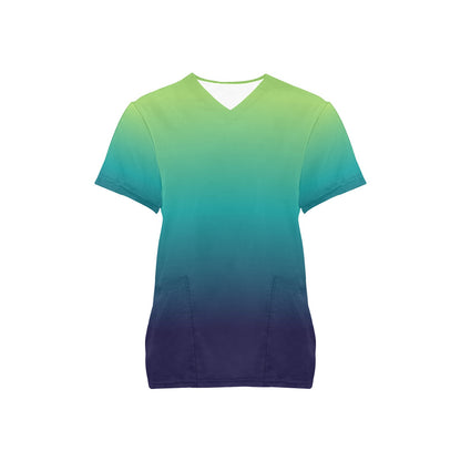 Blue Green Ombre Medical Scrubs Top Women, Gradient Tie Dye Ladies Female Plus Size Nursing Nurse Vet Veterinary Assistant Uniform Pockets