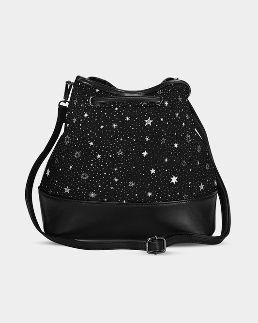 Stars Mini Bucket Bag, Black White Space Handbag Purse Women Ladies Canvas Vegan Leather Drawstring Designer Small Shoulder Strap Luxury - Starcove Fashion