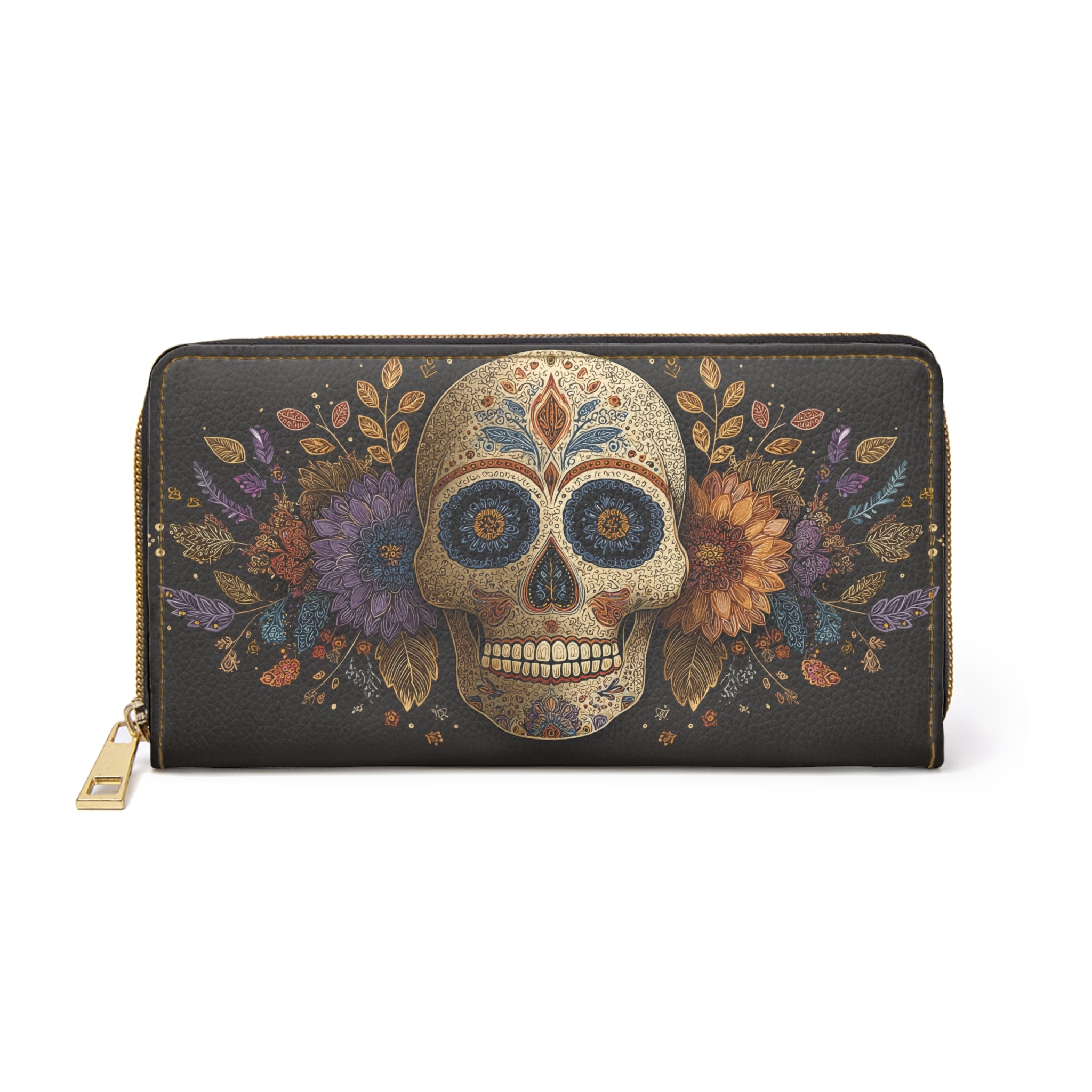 Sugar Skull Leather Wallet Women, Day of the Dead Flowers Vegan