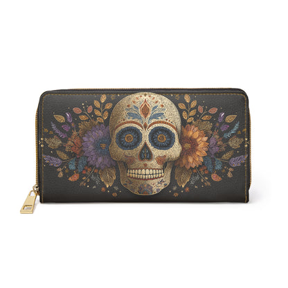 Sugar Skull Leather Wallet Women, Day of the Dead Flowers Vegan Zipper Zip Around Coins Credit Cards Pocket Cash Ladies Pouch Clutch Purse