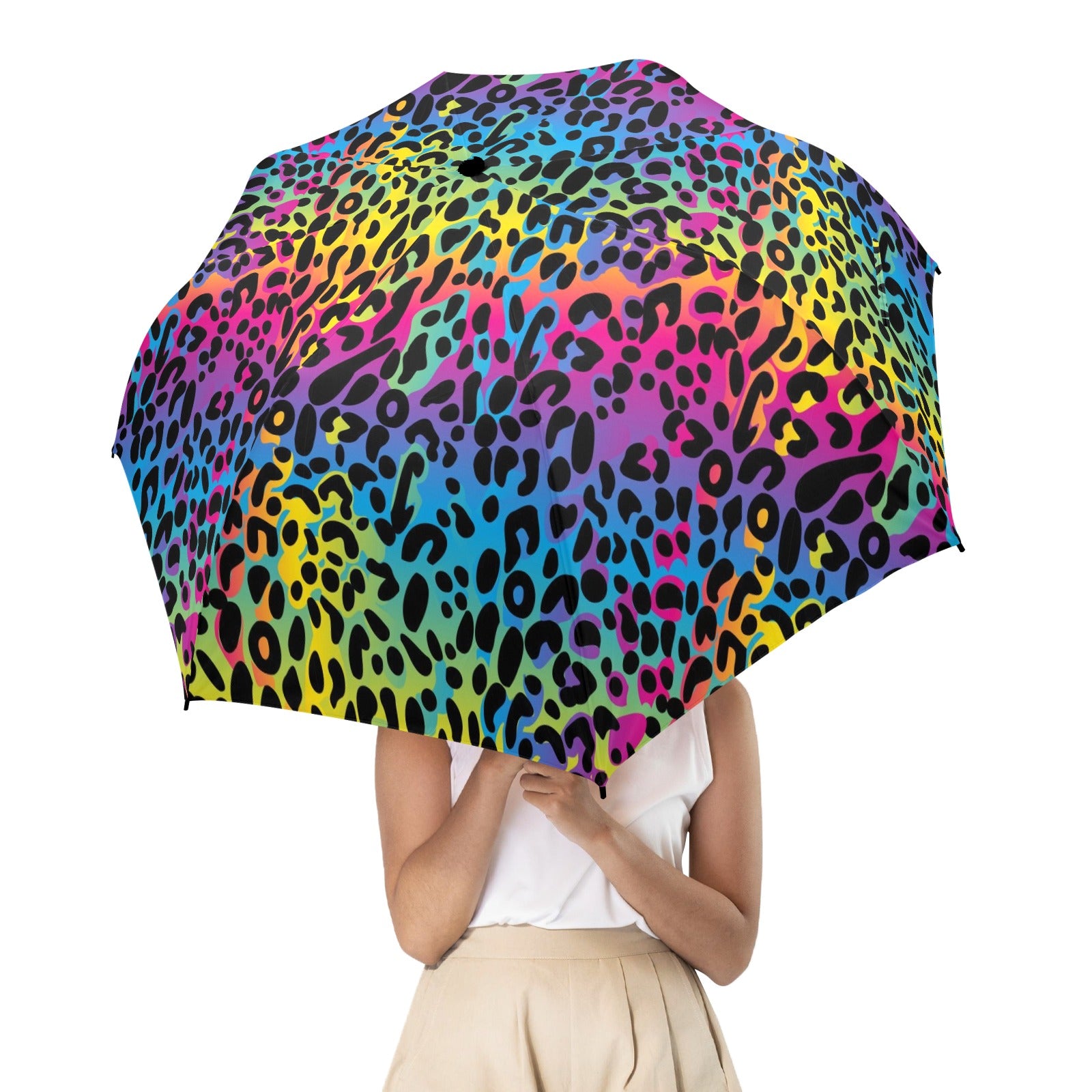 Rainbow Leopard Umbrella, Animal Print Golf Semi-Automatic Sun Beach Rain Parasol Large Compact Travel Windproof Designer Luxury Folding