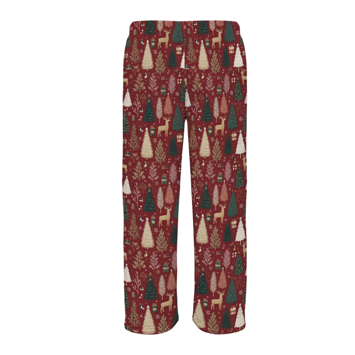 Red Christmas Men Flannel Pajamas Pants, Reindeer Green Trees Snow PJ Sleep Trousers Sleepwear Guys Male Adult Long Lounge Trousers Bottoms