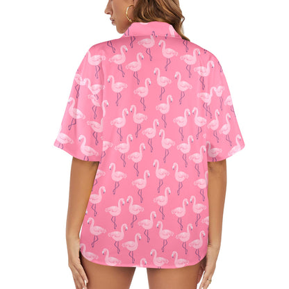 Pink Flamingo Women Hawaiian shirt, Tropical Print Vintage Retro Hawaii Button Up Down Plus Size Ladies Aloha Blouse - Starcove Fashion