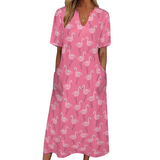 Pink Flamingo Women Maxi Dress, V-Neck Print Short Sleeve Evening Summer Cocktail Ladies Handmade Designer Plus Size Party Outfit Pockets