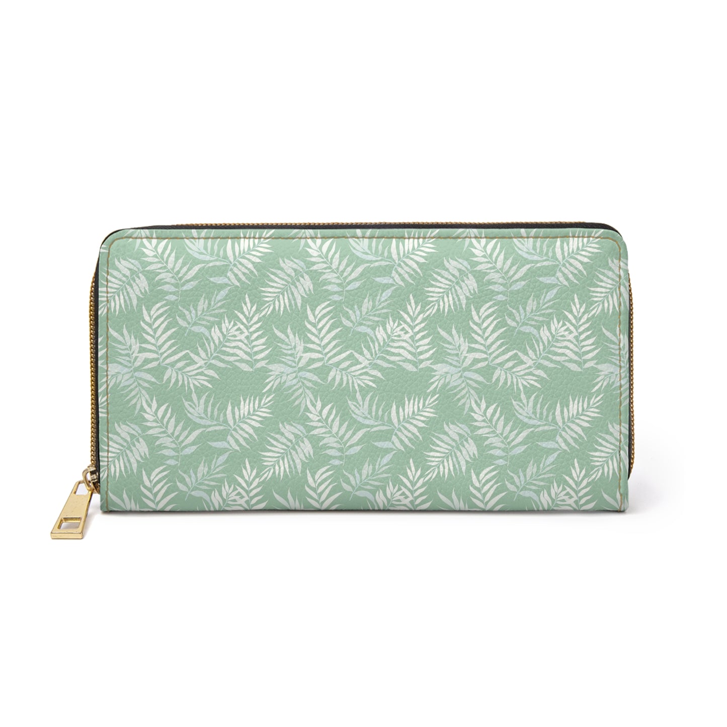 Mint Green Leather Wallet Women, Palm Tree Leaf Vegan Zipper Zip Around Coins Credit Cards Pocket Cash Ladies Female Pouch Slim Clutch Purse