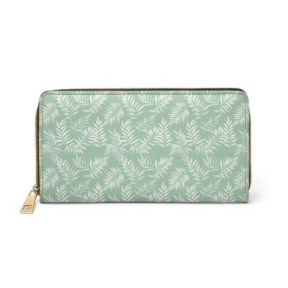 Mint Green Leather Wallet Women, Palm Tree Leaf Vegan Zipper Zip Around Coins Credit Cards Pocket Cash Ladies Female Pouch Slim Clutch Purse