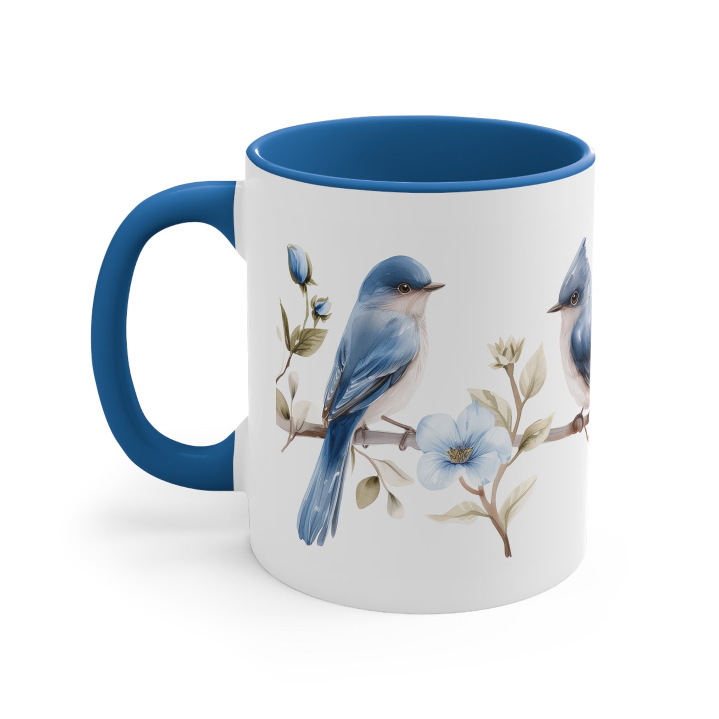 Blue Birds Coffee Mug, White Watercolor Flowers Art Ceramic Cup Tea Hot Chocolate Lover Unique Microwave Safe Novelty Cool Gift