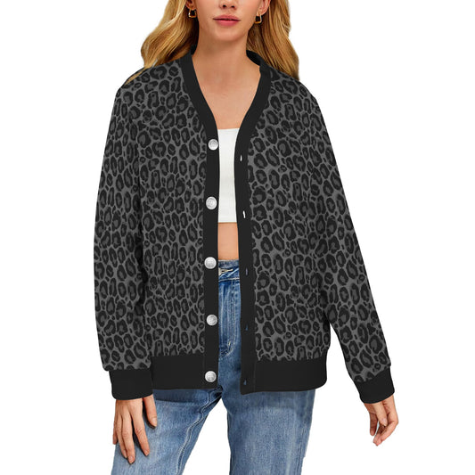 Black Leopard Cardigan Women, Grey Animal Print Cheetah Sweatshirt Sweater Long Sleeve Plus Size V Neck Lightweight Button Up Designer