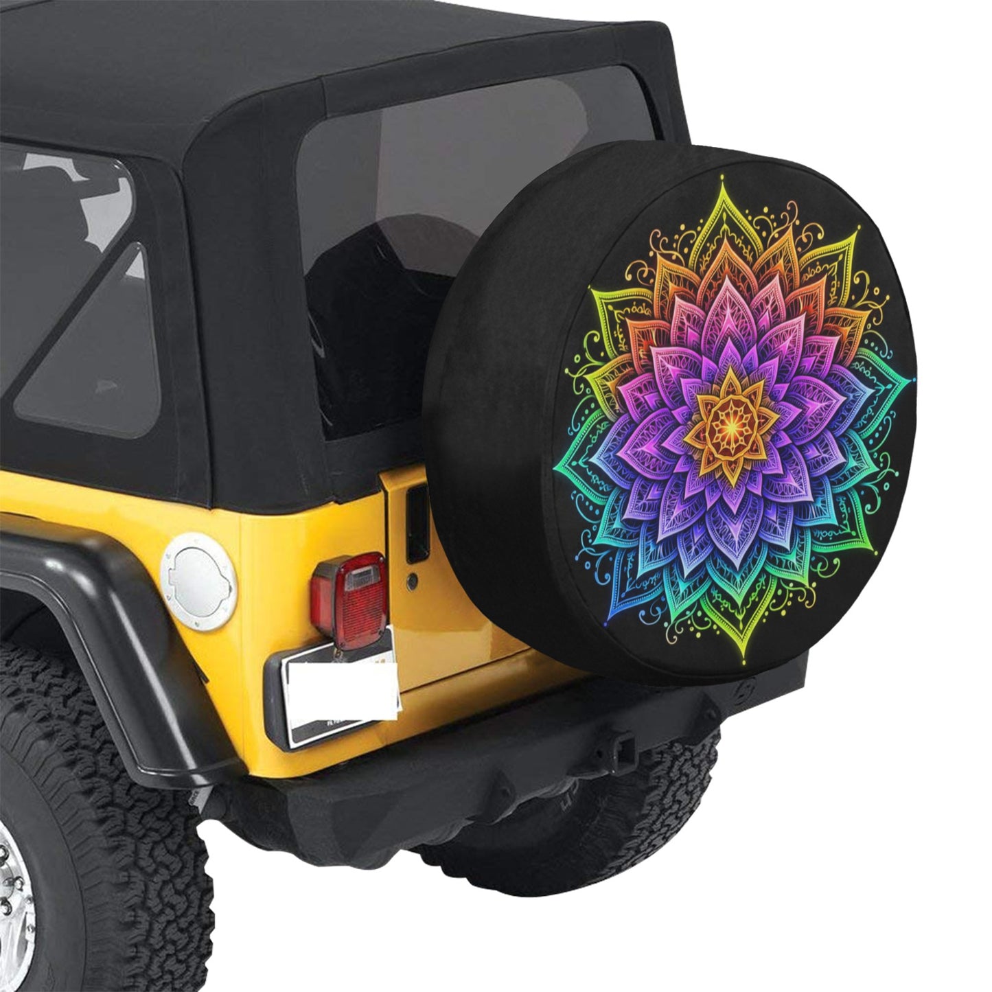 Mandala Spare Tire Cover, Flower Tie Dye Bohemian Rear Auto Vehicle Backup Camera Hole Unique Back Wheel Cars RV SUV Off Road Trailer Camper