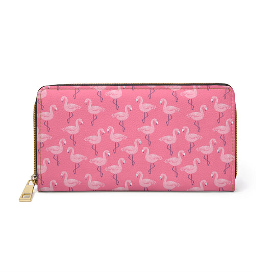 Pink Flamingo Leather Wallet Women, Tropical Vegan Zipper Zip Around Coins Credit Cards Pocket Cash Ladies Female Pouch Slim Clutch Purse