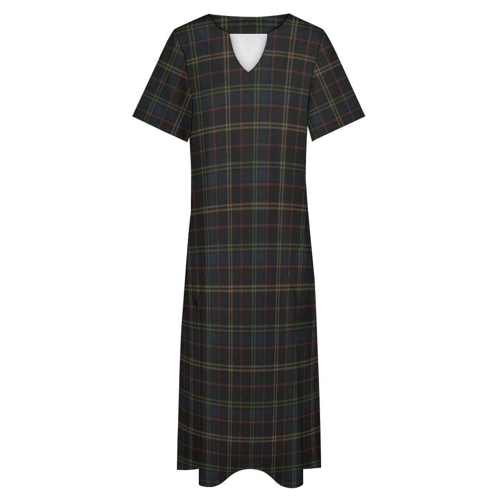 Plaid Women Maxi Dress, Dark Blue Green Yellow V-Neck Print Short Sleeve Evening Cocktail Ladies Handmade Designer Plus Size Outfit Pockets