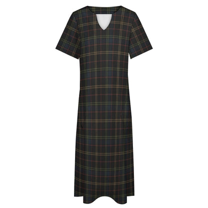 Plaid Women Maxi Dress, Dark Blue Green Yellow V-Neck Print Short Sleeve Evening Cocktail Ladies Handmade Designer Plus Size Outfit Pockets