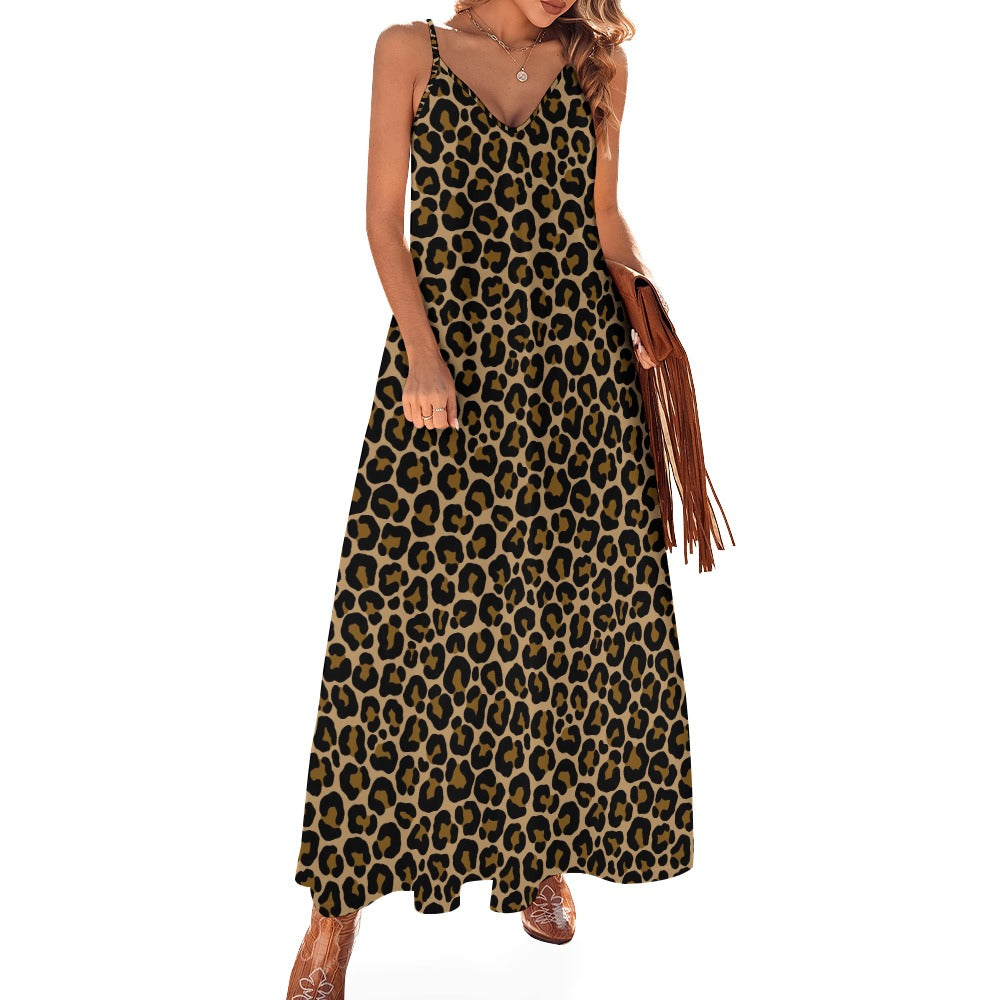 Leopard Print Maxi Dress, Brown Animal Cheetah Long Spaghetti Straps Flowy Women Sleeveless Casual Cute Designer Plus Size Cocktail Party
