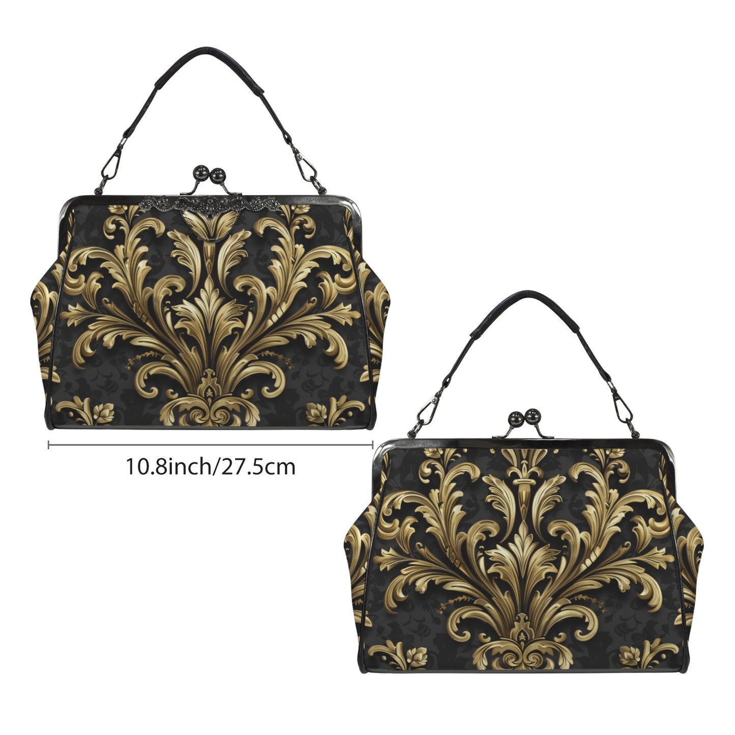 Baroque Kiss Lock Purse Handbag, Retro Black Ornate Gold Print Vegan Leather Vintage Designer Shoulder Crossbody Top Handle Clasp Bag