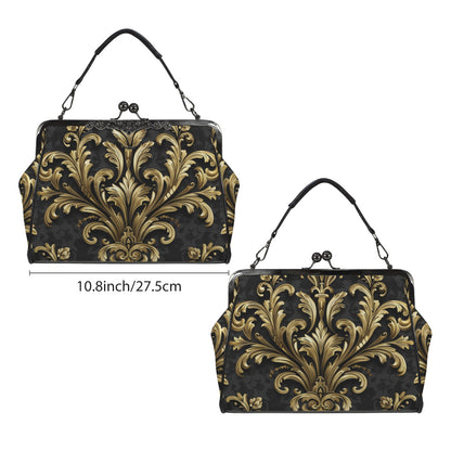 Baroque Kiss Lock Purse Handbag, Retro Black Ornate Gold Print Vegan Leather Vintage Designer Shoulder Crossbody Top Handle Clasp Bag